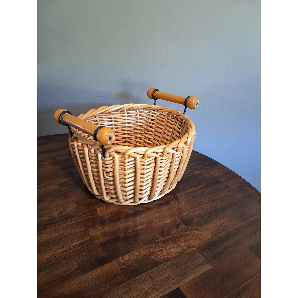 Vintage Round Wicker Basket with Wood Dowel Handles Natural Rattan Storage 10in